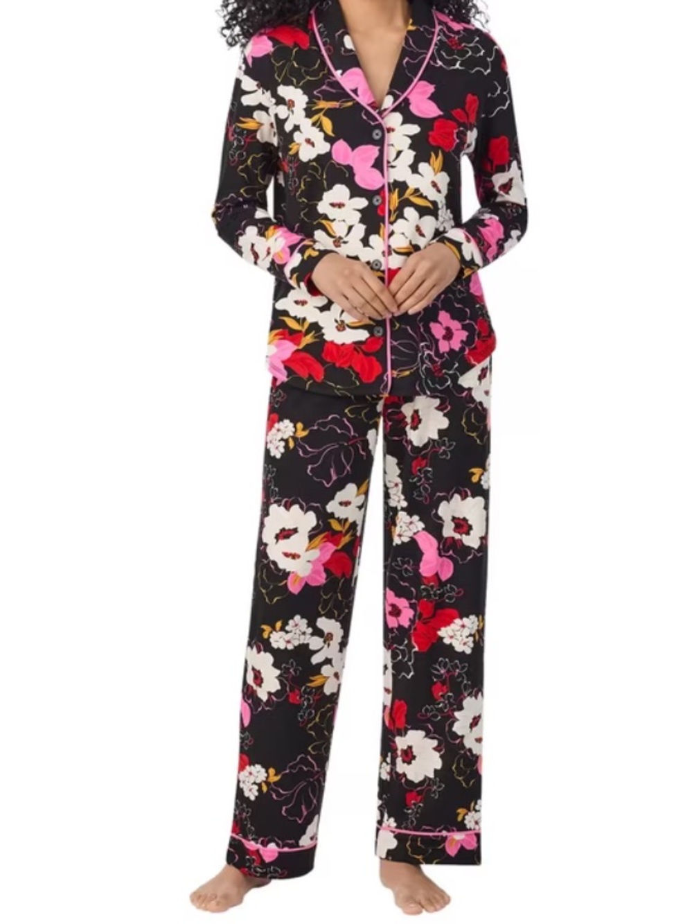 Room Service Women’s 2-Piece Shawl Collar Pajama Set Black Floral Print Sz S